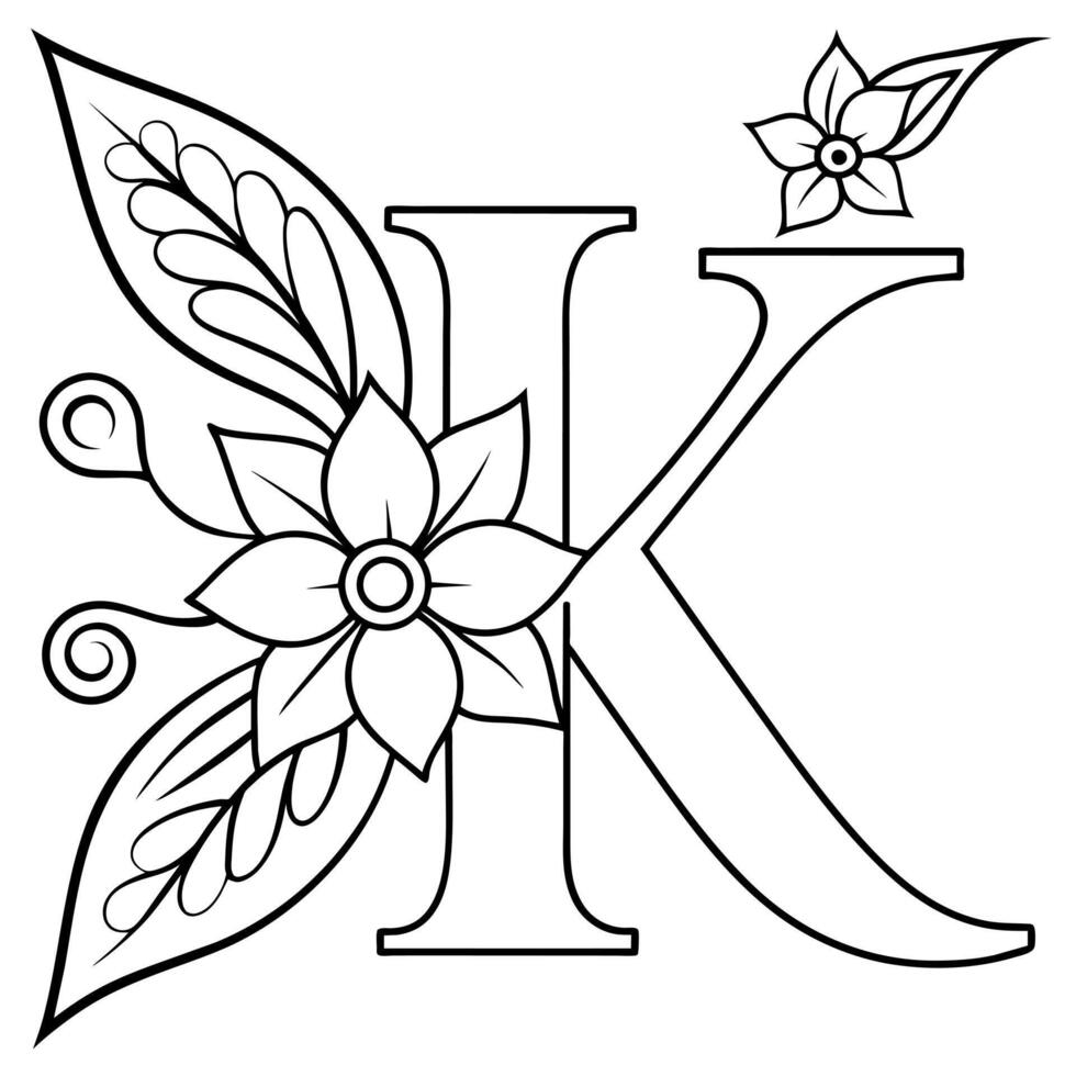alfabet k kleur bladzijde met de bloem, k brief digitaal schets bloemen kleur bladzijde, abc kleur bladzijde vector