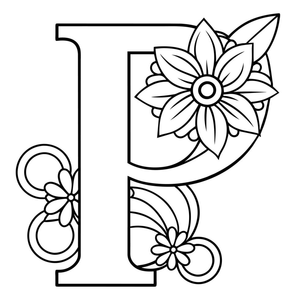 alfabet p kleur bladzijde met de bloem, p brief digitaal schets bloemen kleur bladzijde, abc kleur bladzijde vector