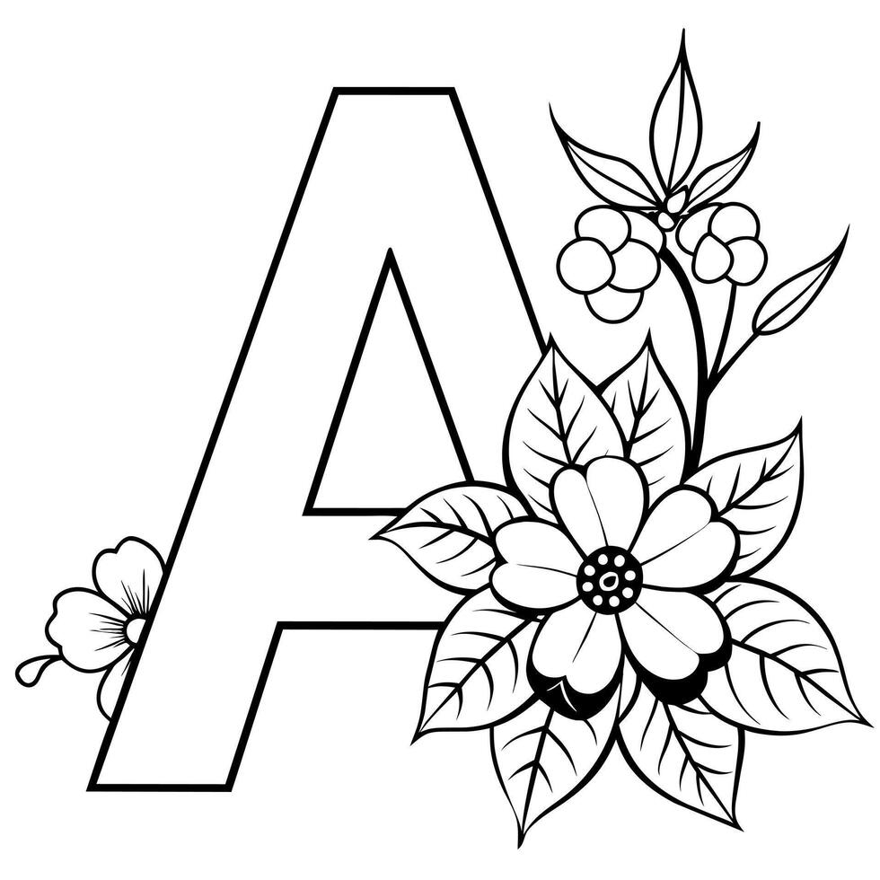 alfabet een kleur bladzijde met de bloem, een brief digitaal schets bloemen kleur bladzijde, abc kleur bladzijde vector