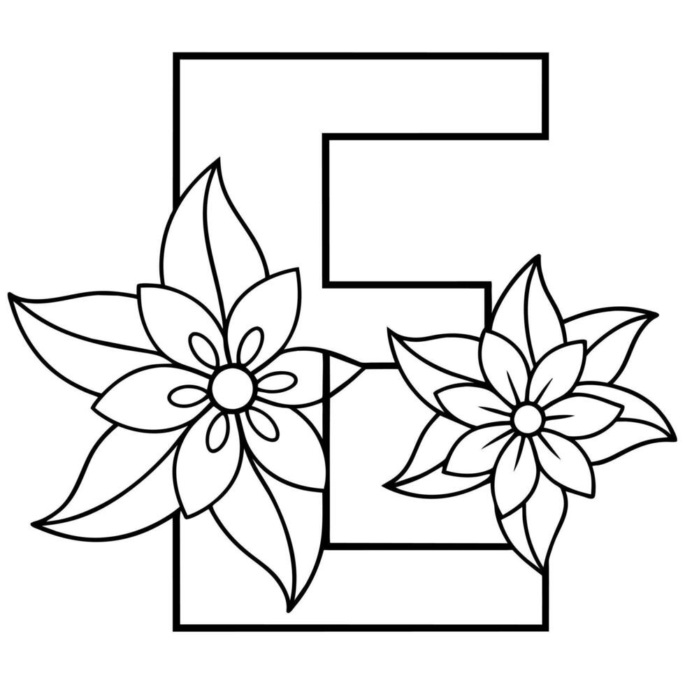 alfabet e kleur bladzijde met de bloem, e brief digitaal schets bloemen kleur bladzijde, abc kleur bladzijde vector