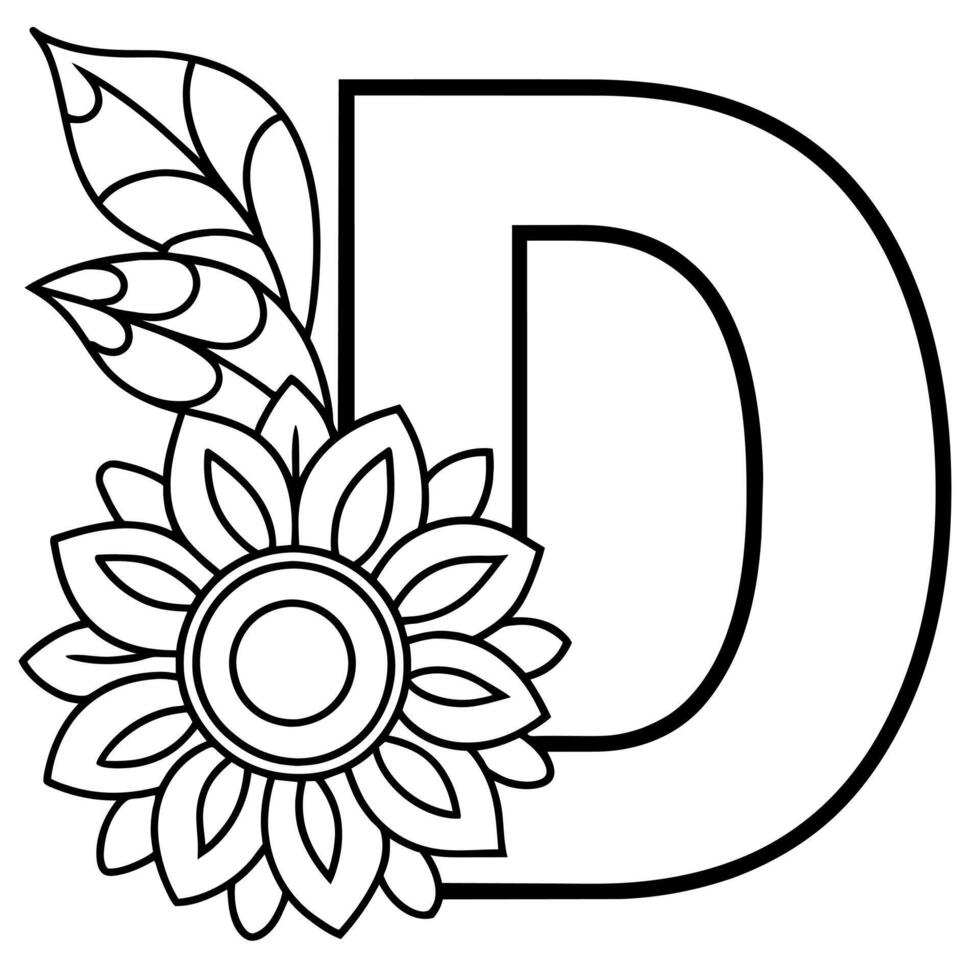 alfabet d kleur bladzijde met de bloem, d brief digitaal schets bloemen kleur bladzijde, abc kleur bladzijde vector