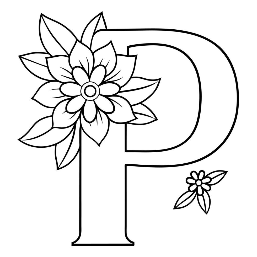 alfabet p kleur bladzijde met de bloem, p brief digitaal schets bloemen kleur bladzijde, abc kleur bladzijde vector