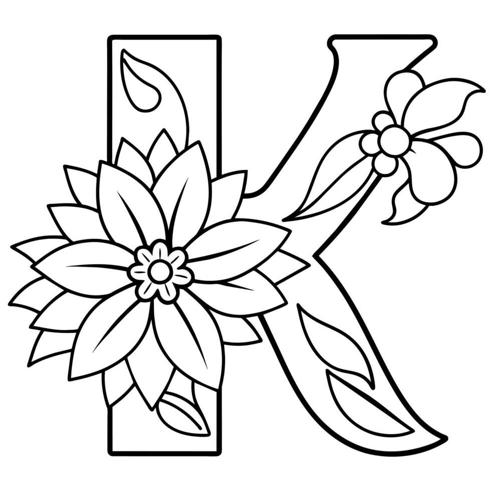 alfabet k kleur bladzijde met de bloem, k brief digitaal schets bloemen kleur bladzijde, abc kleur bladzijde vector