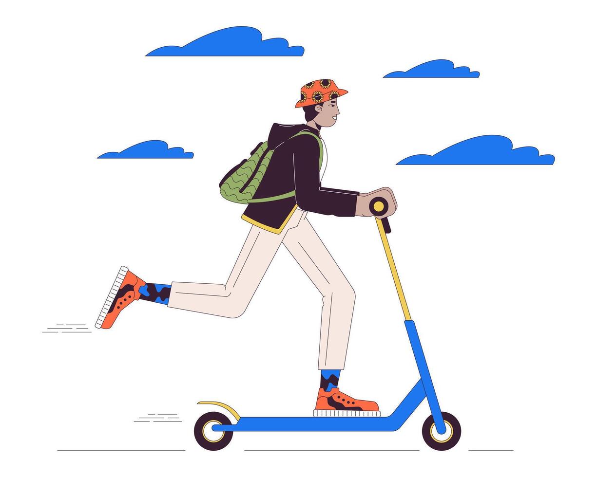 Indisch jong volwassen Mens rijden elektrisch scooter lijn tekenfilm vlak illustratie. zuiden Aziatisch vent Aan e-scooter 2d lijn kunst karakter geïsoleerd Aan wit achtergrond. stedelijk mobiliteit tafereel kleur beeld vector