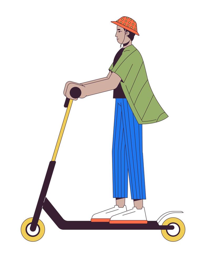 Indisch Mens rijden trap scooter 2d lineair tekenfilm karakter. jong mannetje kiezen eco vriendelijk voertuig geïsoleerd lijn persoon wit achtergrond. duurzaamheid kleur vlak plek illustratie vector