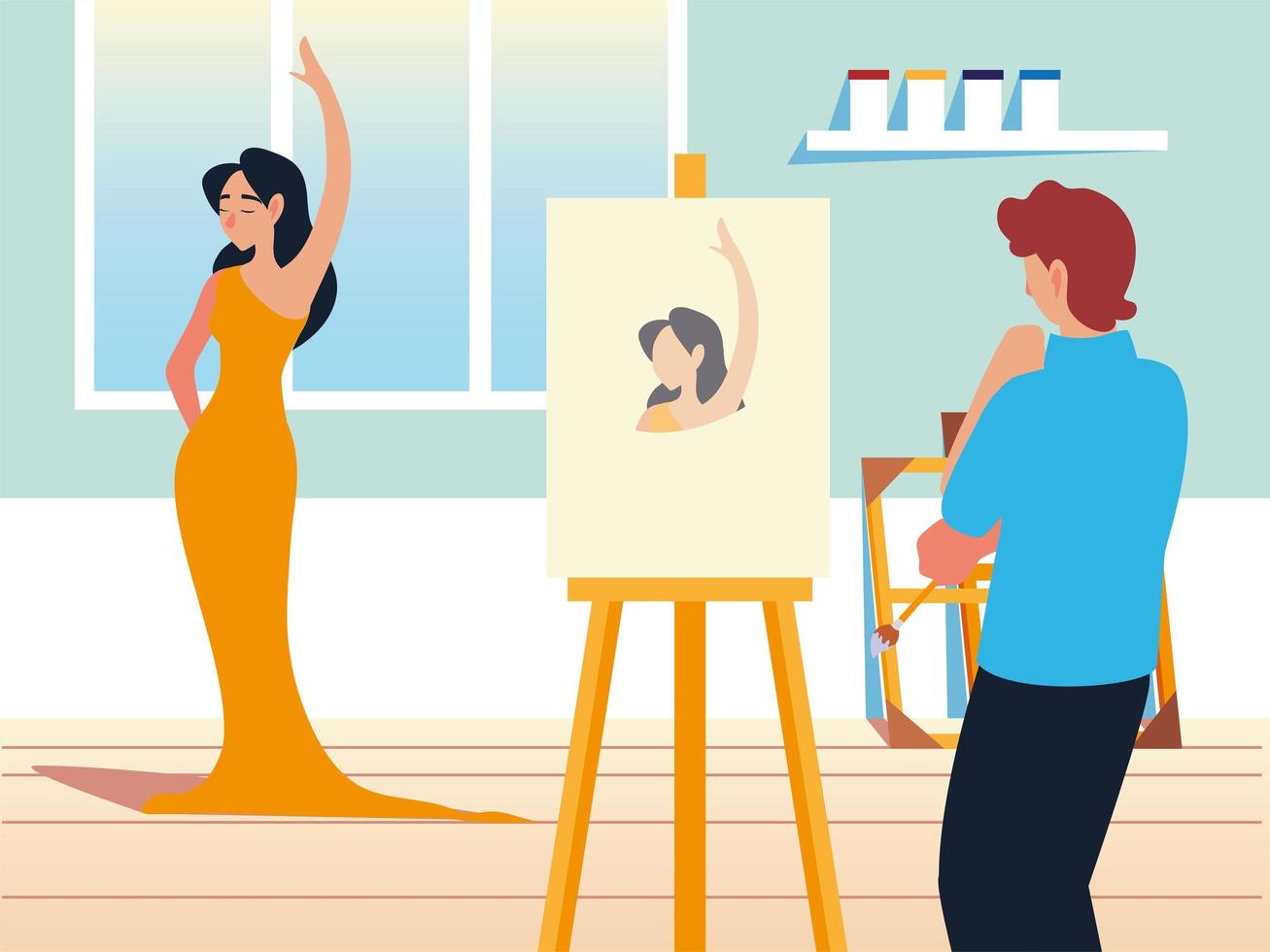 schilder man schilderen met penseel op doek in een atelier een model vrouw vector