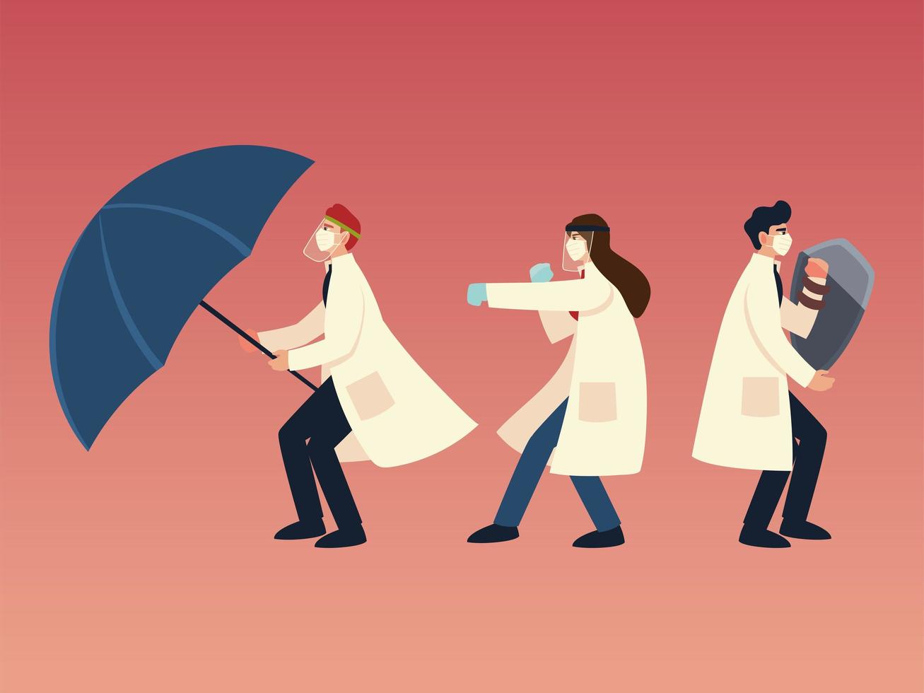 covid 19 virusbescherming en artsen met maskerschild en paraplu vectorontwerp vector