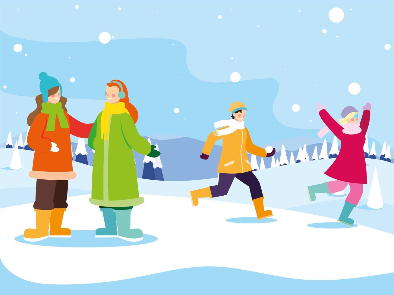groep mensen met winterkleren in landschap met sneeuwval vector