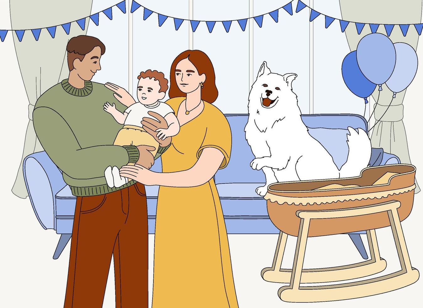 gelukkig familie met pasgeboren baby jongen en schattig wit hond Bij huis in de buurt bed. jong ouders Holding nieuw geboren zoon in handen. glimlachen moeder en vader met zuigeling knuffelen samen vlak illustratie. vector