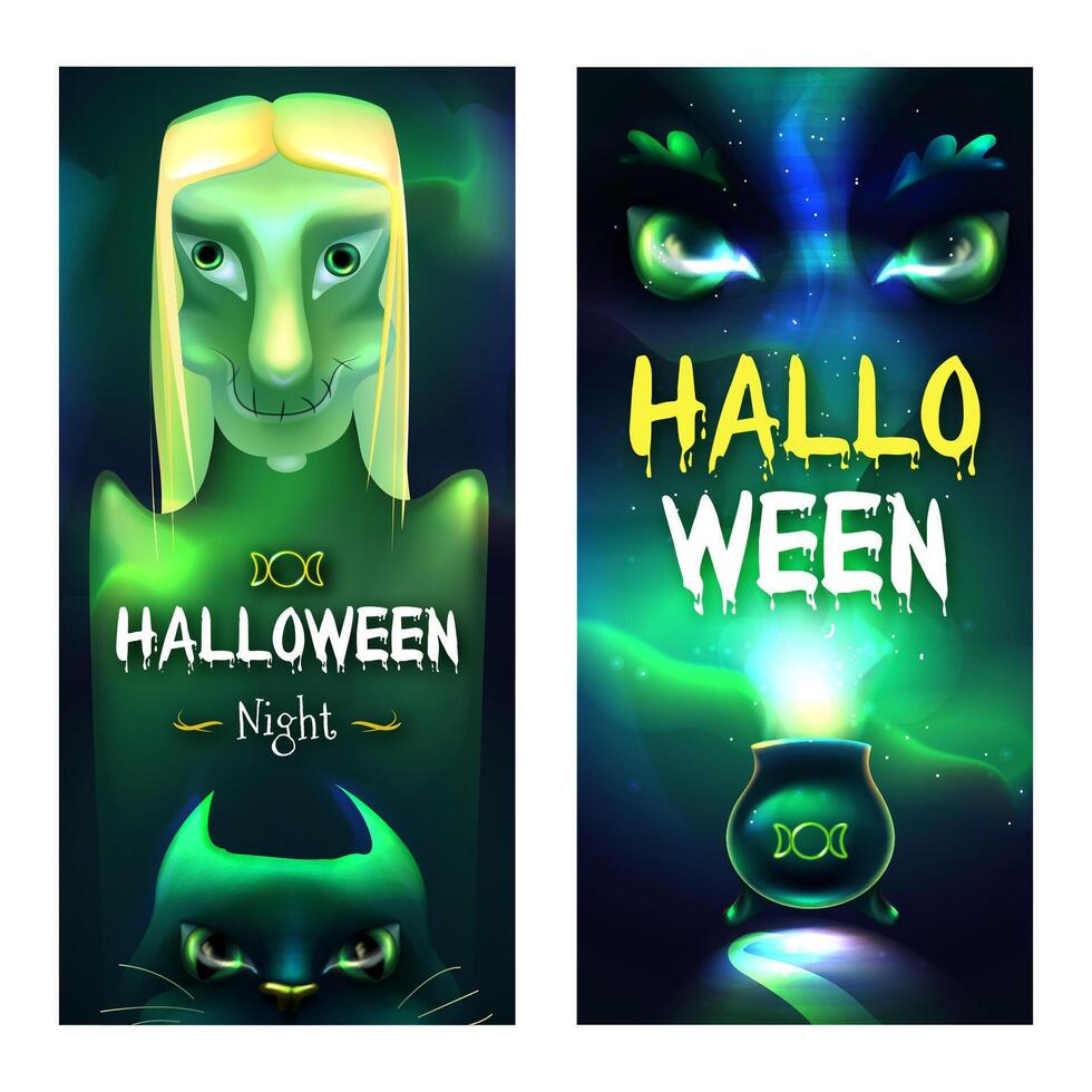 halloween nacht poster. eng partij uitnodiging folder sjabloon met groen verschrikking heks, magie kat en Koken toverdrank in ketel. gloeiend donker ogen van geest in magisch rook tekenfilm illustratie vector