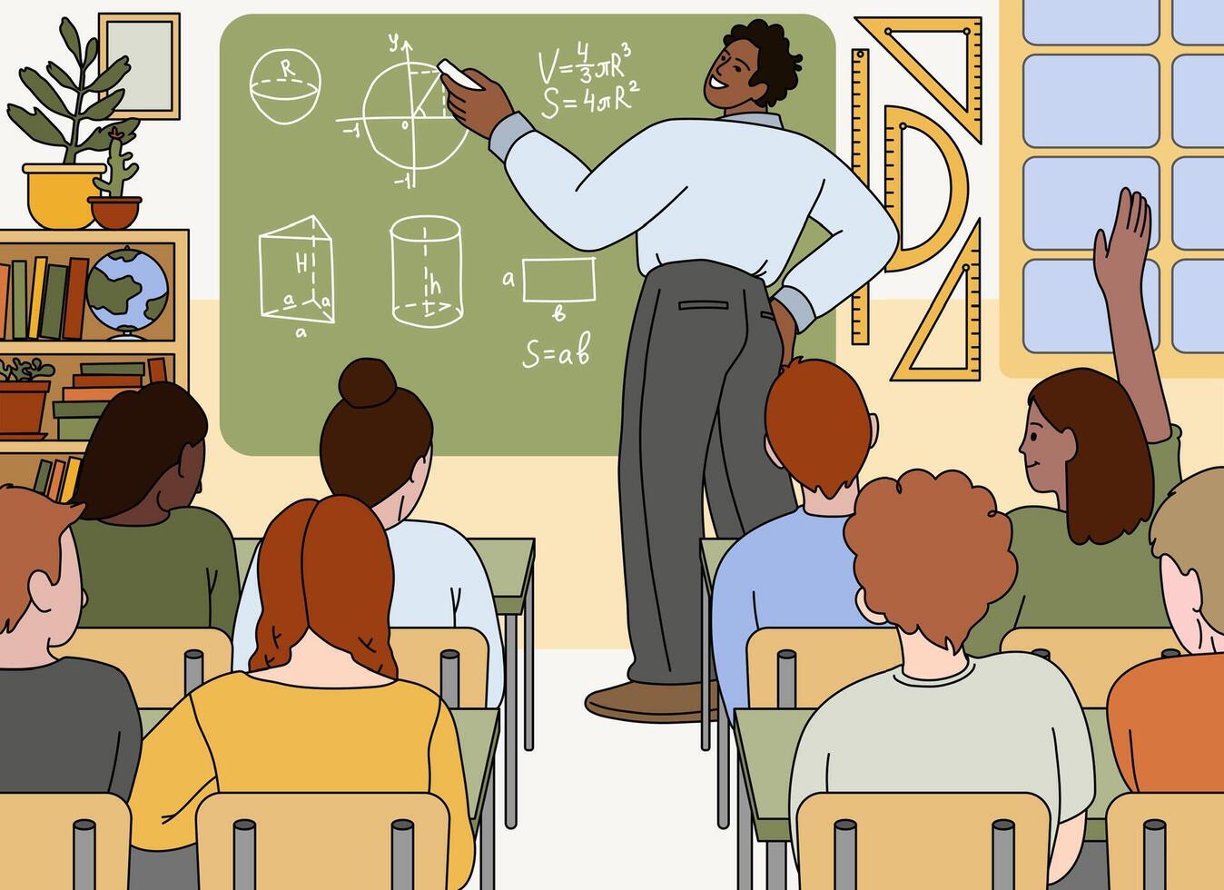 vlak school- Mens leraar staand Bij schoolbord en onderwijs wiskunde in klas. studenten leren Aan lessen. docent opleiding geometrie. professor uitleggen en schrijven formule Aan schoolbord. vector