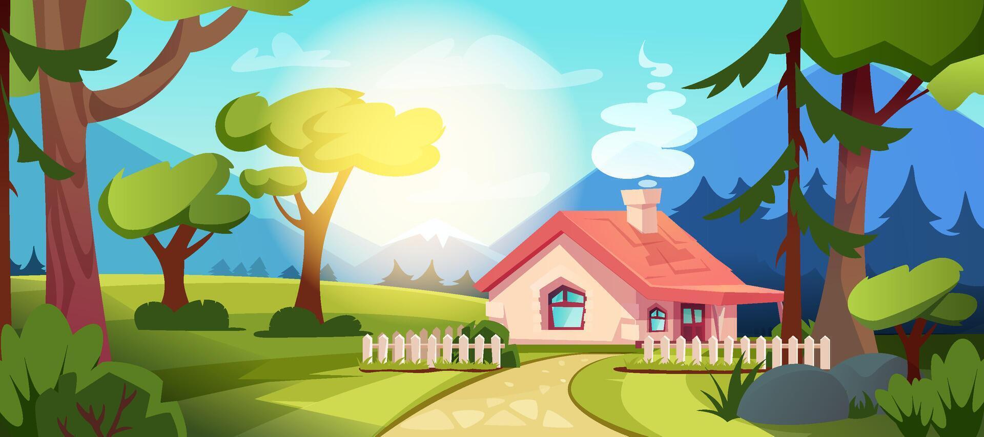 land huis in Woud. tekenfilm illustratie van zomer landschap van dorp met schutting, pad en bergen. boswachter huisje met groen gazon, bomen, struiken, heuvels en zon licht. vector