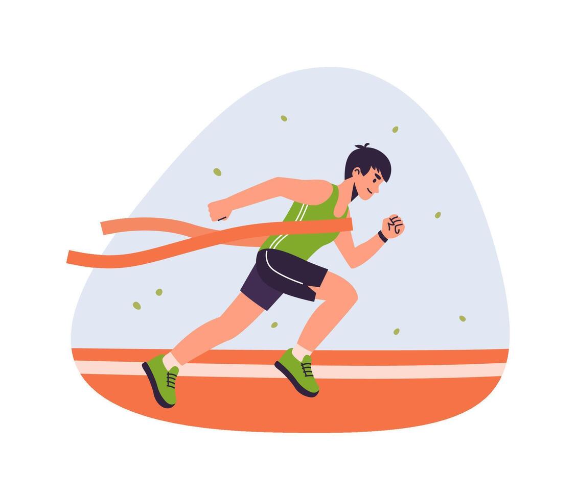 winnend atleet kruisen rood af hebben lijn. Mens bereiken succes in sport. persoon in sportkleding rennen marathons. doel en winnen concept. vlak tekenfilm illustratie. vector