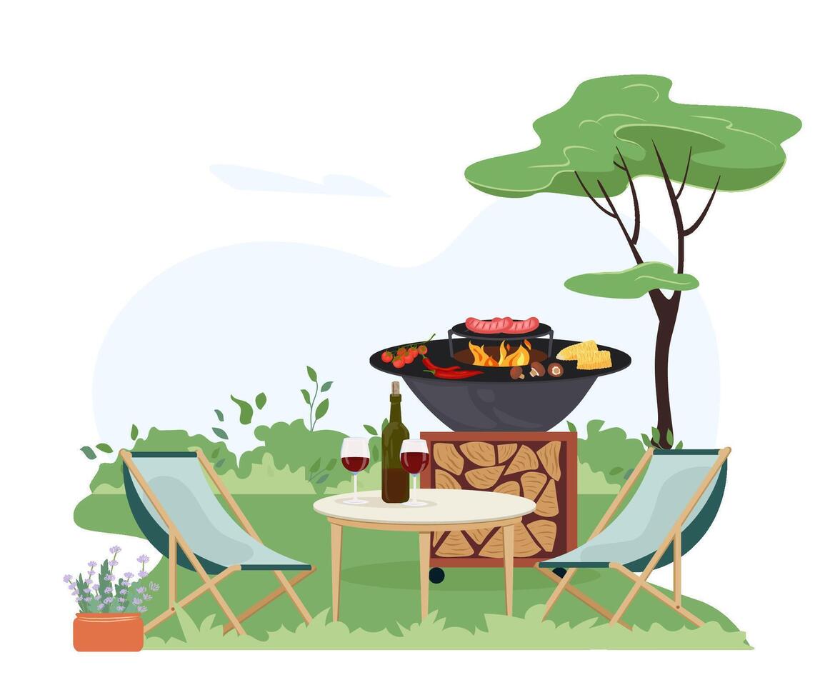 patio Oppervlakte met Koken grillen. huis achtertuin met buitenshuis keuken, groen planten tuin modern meubilair voor barbecue en picknick. buitenshuis gemeubileerd werf voor bbq zomer partijen vlak illustratie vector