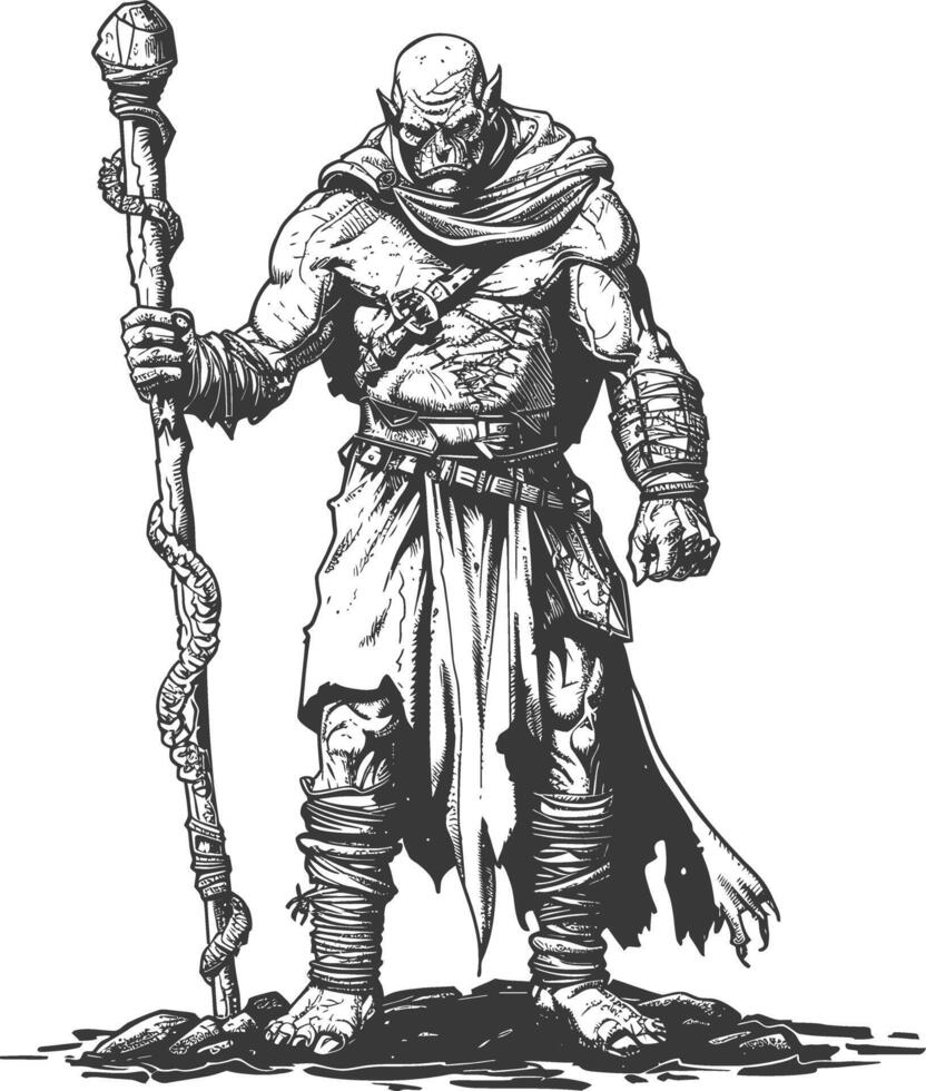 orc magiër met magisch personeel vol lichaam afbeeldingen gebruik makend van oud gravure stijl vector