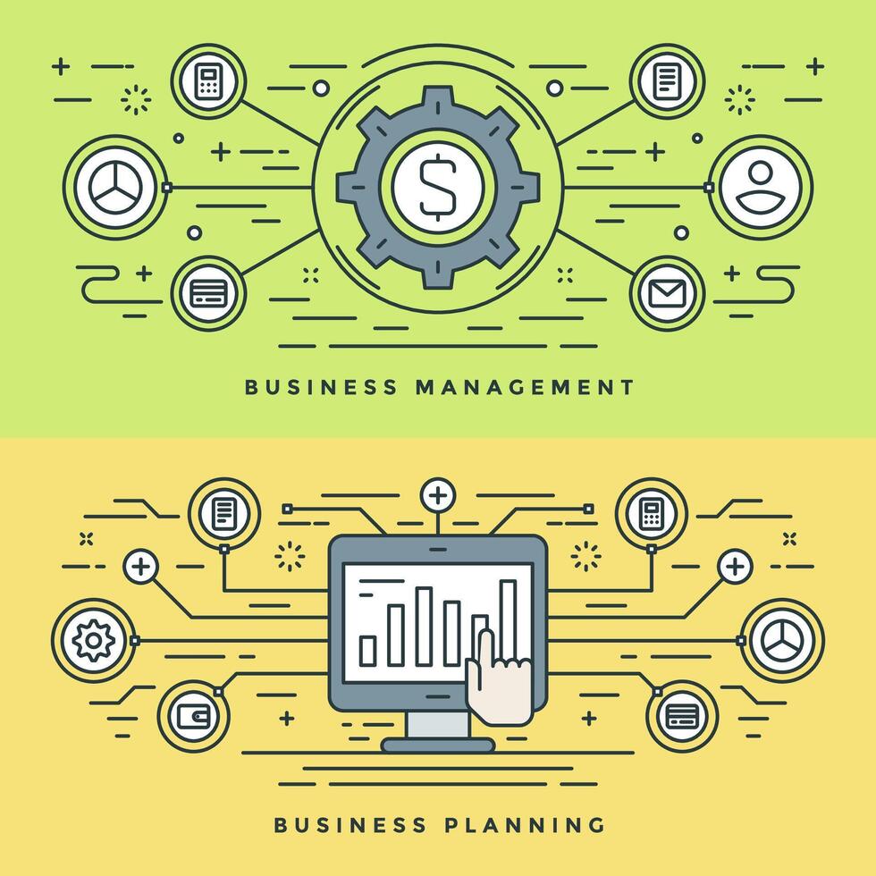 vlak lijn bedrijf beheer en planning concept illustratie. modern dun lineair beroerte pictogrammen. vector