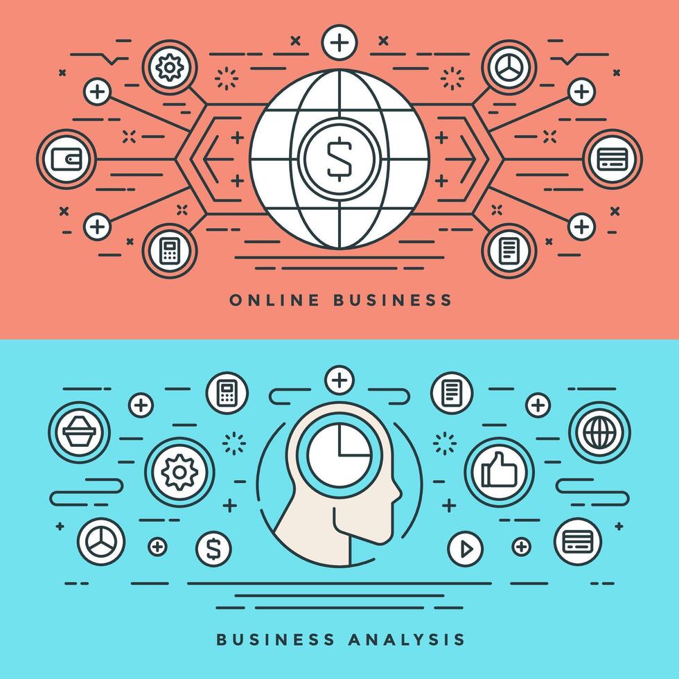 vlak lijn online bedrijf analyse concept illustratie. modern dun lineair beroerte pictogrammen. vector