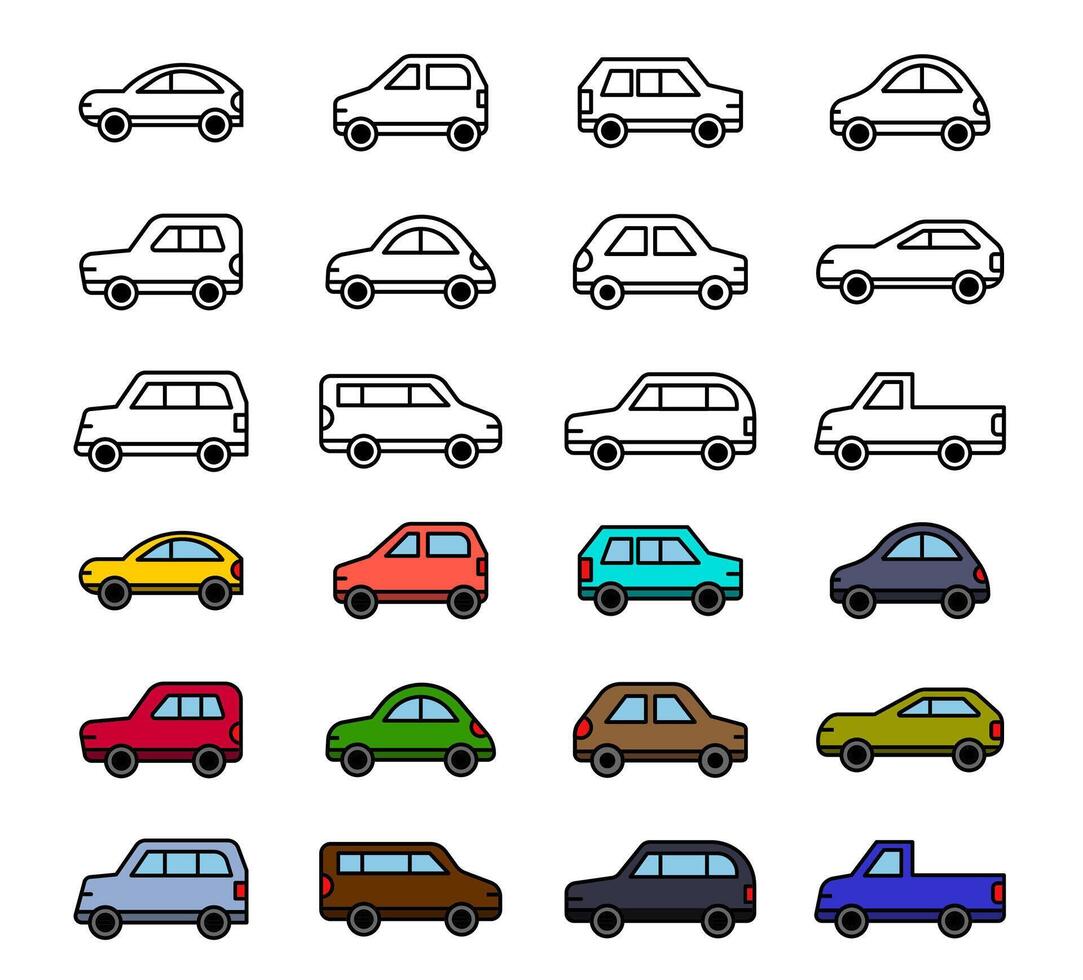 lijn icoon reeks gemakkelijk auto. schets symbool auto en vervoer pictogram. eenvoud voertuig vervoer en elektriciteit auto- industrie. verzameling industrie auto vector