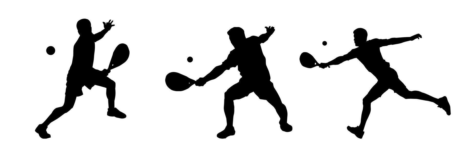 silhouet groep van mannetje tennis spelers in actie houding draag- racket vector