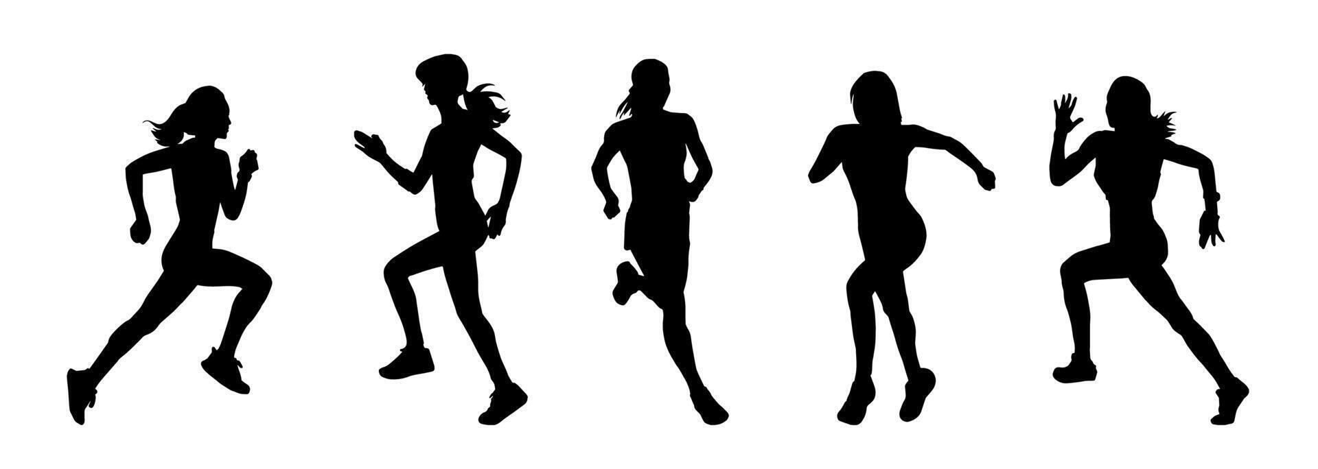 silhouet verzameling van Dames rennen houding. silhouet van sportief vrouwtjes in rennen houding. vector