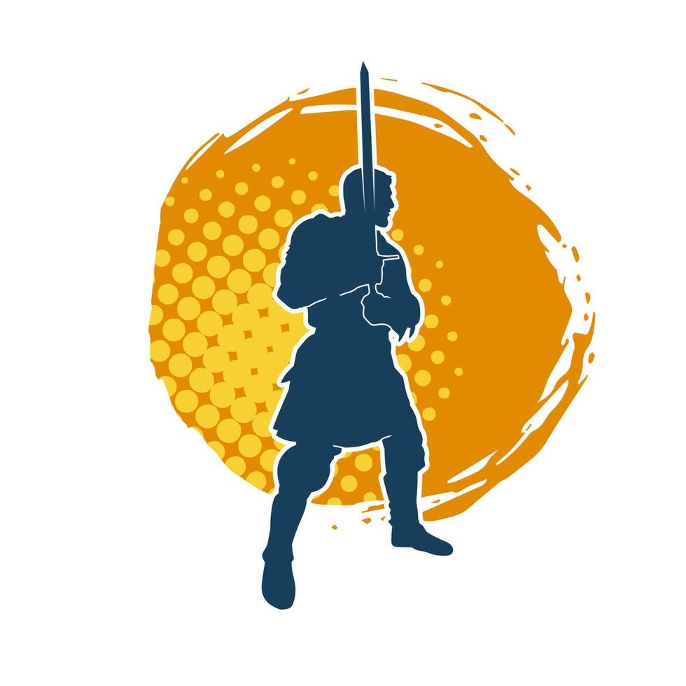 silhouet van een mannetje krijger vervelend oorlog schild pak in actie houding gebruik makend van een zwaard wapen. vector