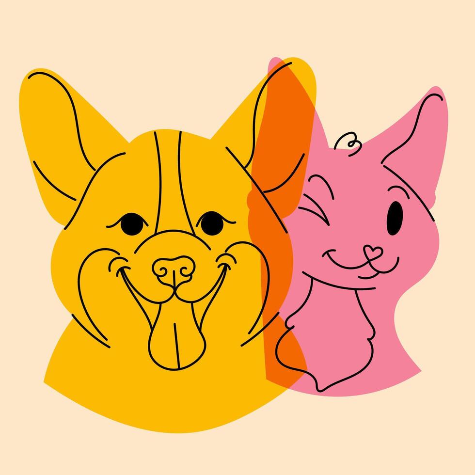 hond en kat. avatar, insigne, poster, logo Sjablonen, afdrukken. illustratie in een minimalistische stijl met riso afdrukken effect. vlak tekenfilm stijl vector