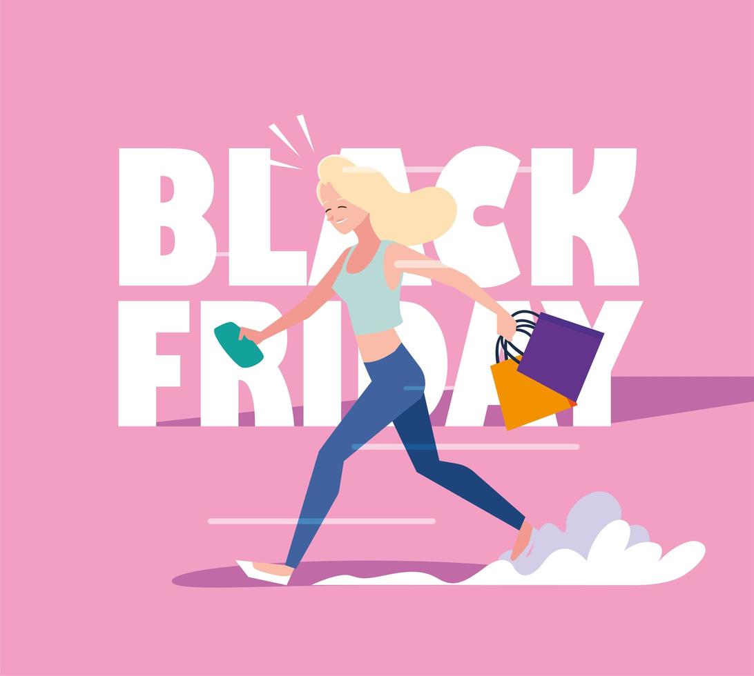 vrouw met boodschappentassen en black friday label vector