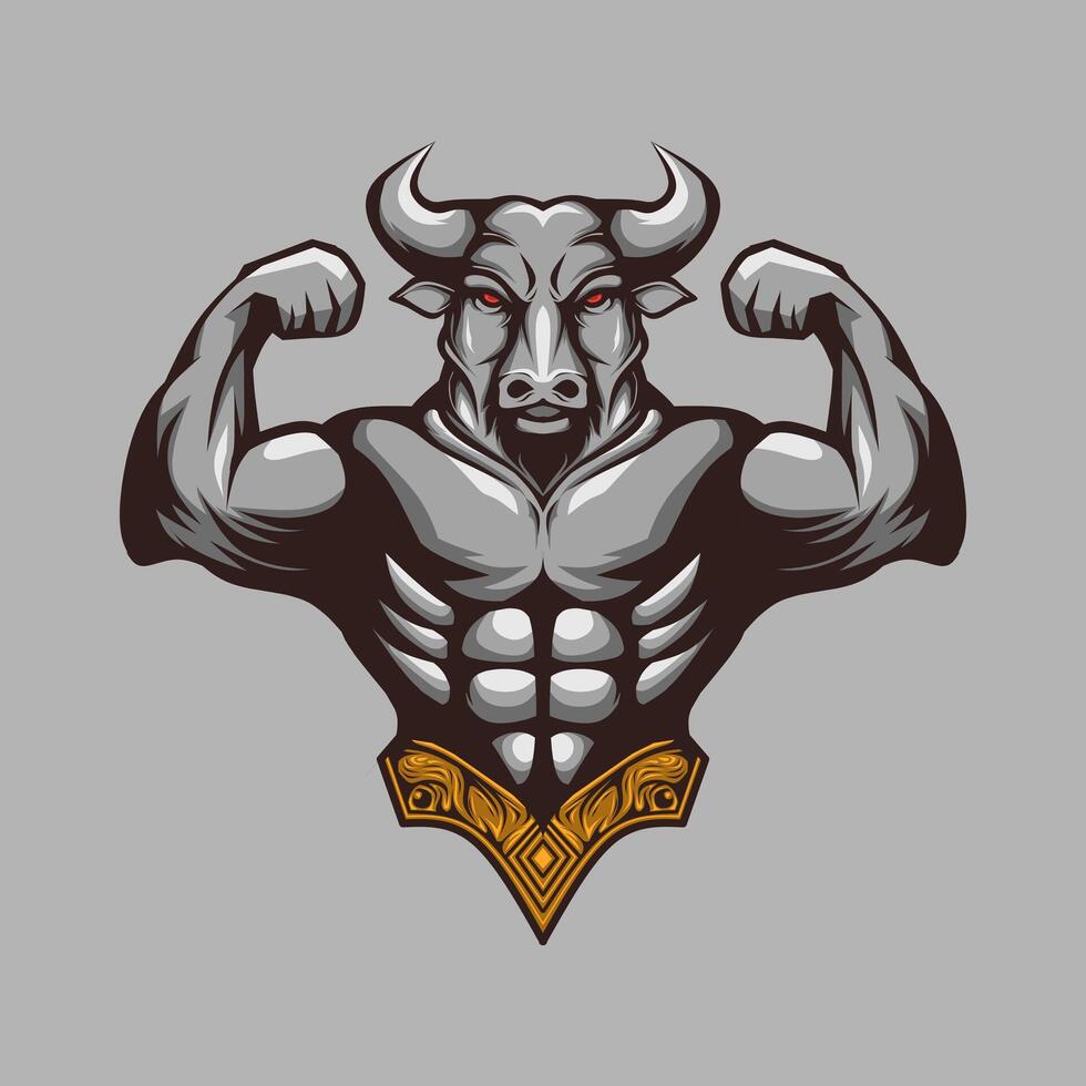 bodybuilder logo met groot spieren stier hoofd vector