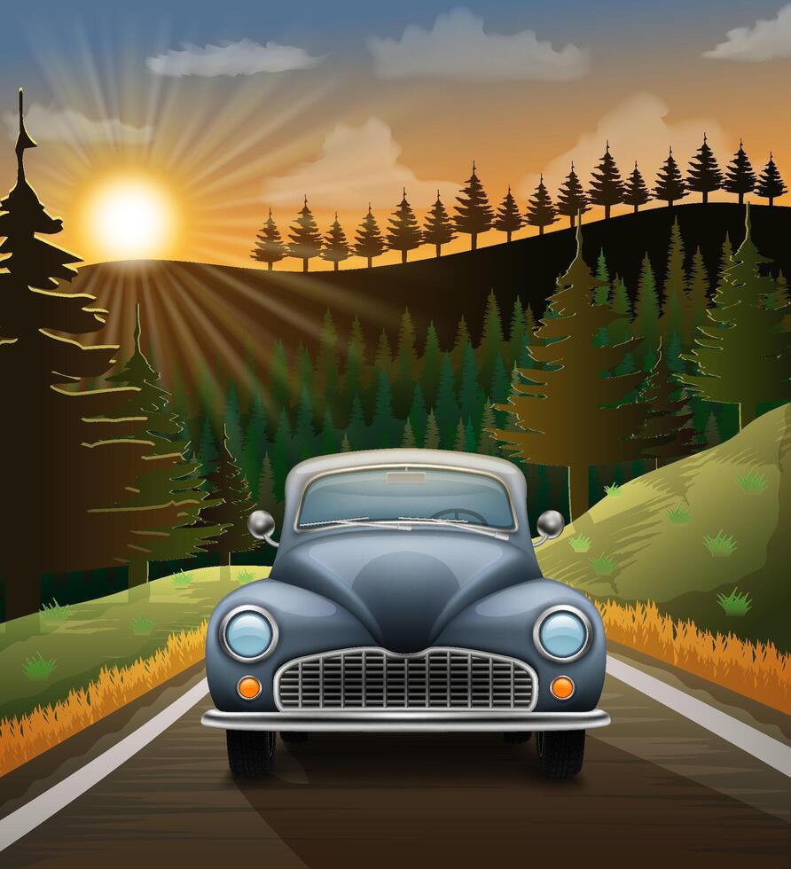 landschap asfalt auto weg in natuur tussen bergen heuvels en bomen voorraad illustratie vector