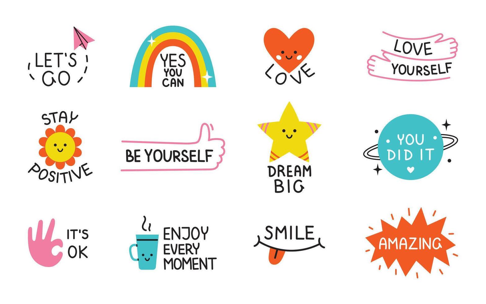 motiverende sticker pak. schattig kleurrijk sticker reeks met positief zinnen. motivatie stickers voor planner. verzameling van kleurrijk illustraties in vlak ontwerp. vector