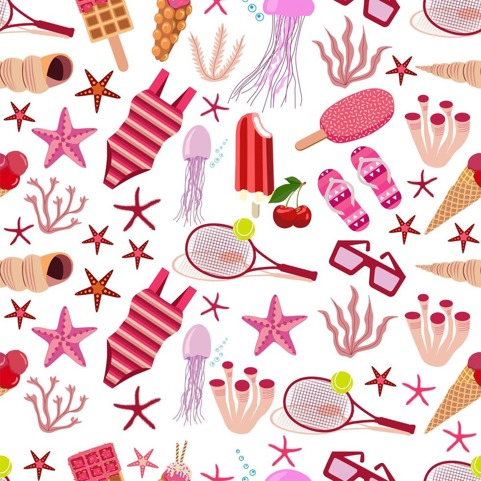 naadloos schattig zomer vakantie strand elementen patroon. zee dieren, zeewier, schelpen. zomer voedsel - wafels, ijs crèmes. tekenfilm illustratie. roze kleuren. vector