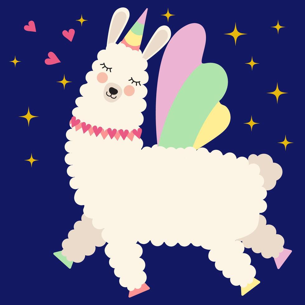 schattig alpaca eenhoorn vliegend in de nacht lucht vector