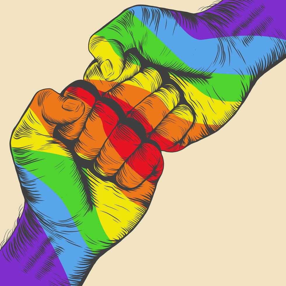 regenboog gekleurde vuist naar vuist gebaar. homo trots. lgbtq concept. kleurrijk illustratie met lgbt vlag voor sticker, t overhemd afdrukken, kaart, poster. vector