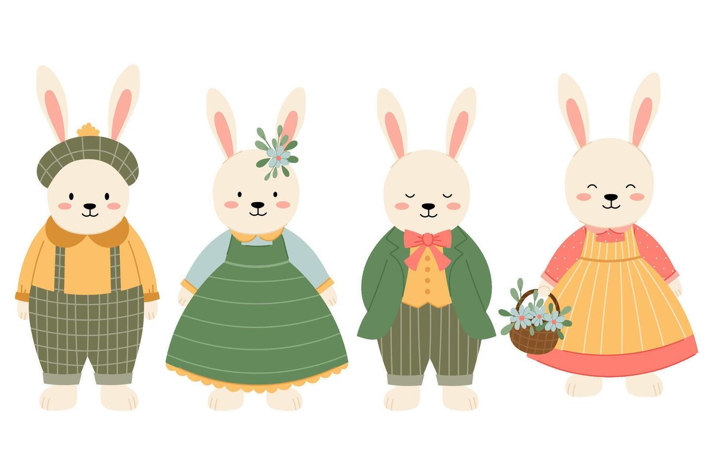 reeks van Pasen konijntjes. illustratie van hazen in wijnoogst kostuums. kinderen grappig karakters. vector