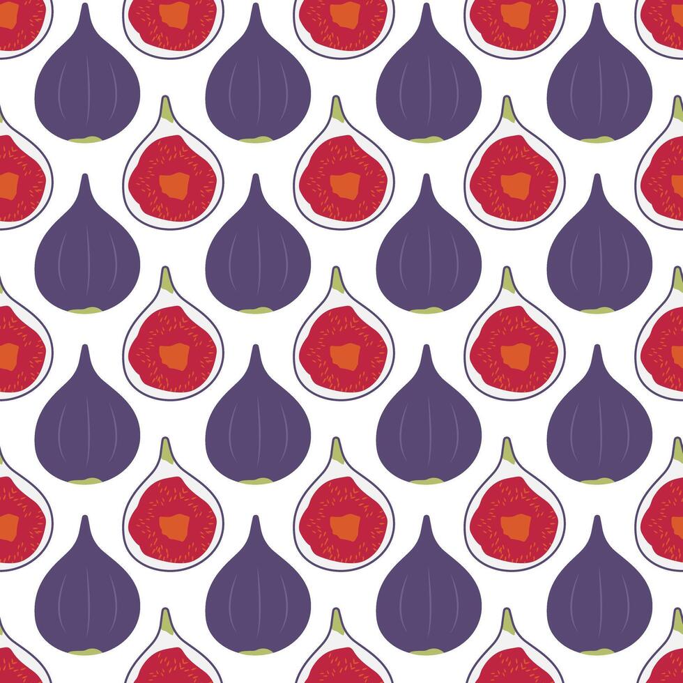 fig patroon. voor de helft besnoeiing Purper fruit. zoet fruit pulp. voedsel afdrukken Aan een wit achtergrond. oogsten. veganistisch voedsel. zomer patroon. illustratie vector