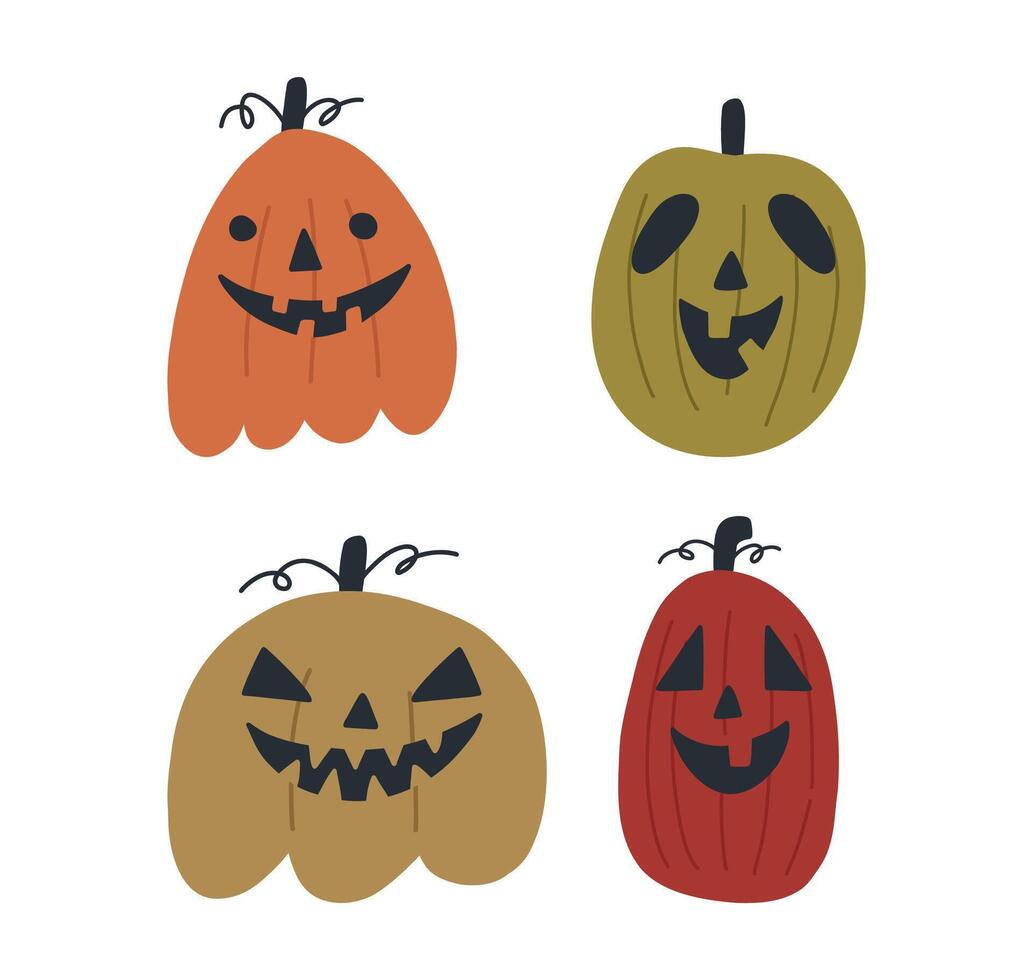 spookachtig halloween pompoenen reeks in tekenfilm vlak stijl, illustratie geïsoleerd Aan wit achtergrond. hand- getrokken jack O lantaarns met eng gezichten. herfst decoratie. vector