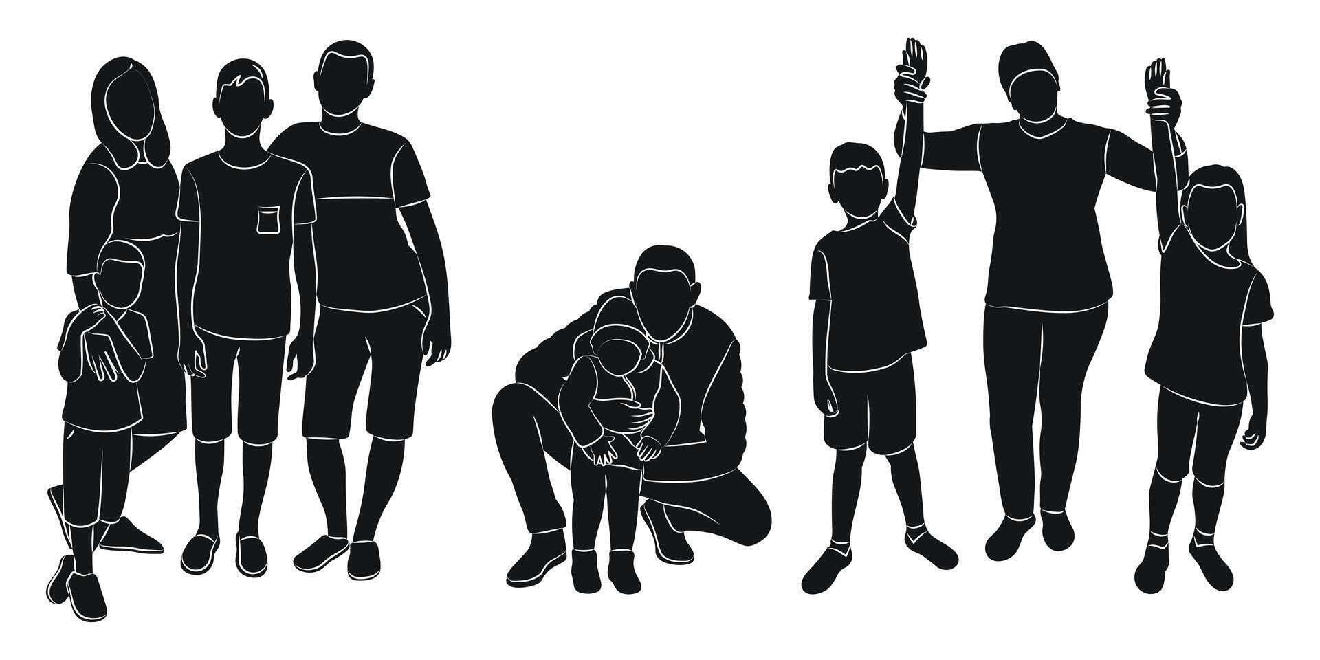 silhouet van een menigte van volwassenen en kinderen, geïsoleerd vector