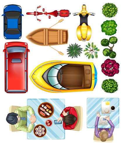 Topview van voertuigen, planten en mensen aan tafel vector