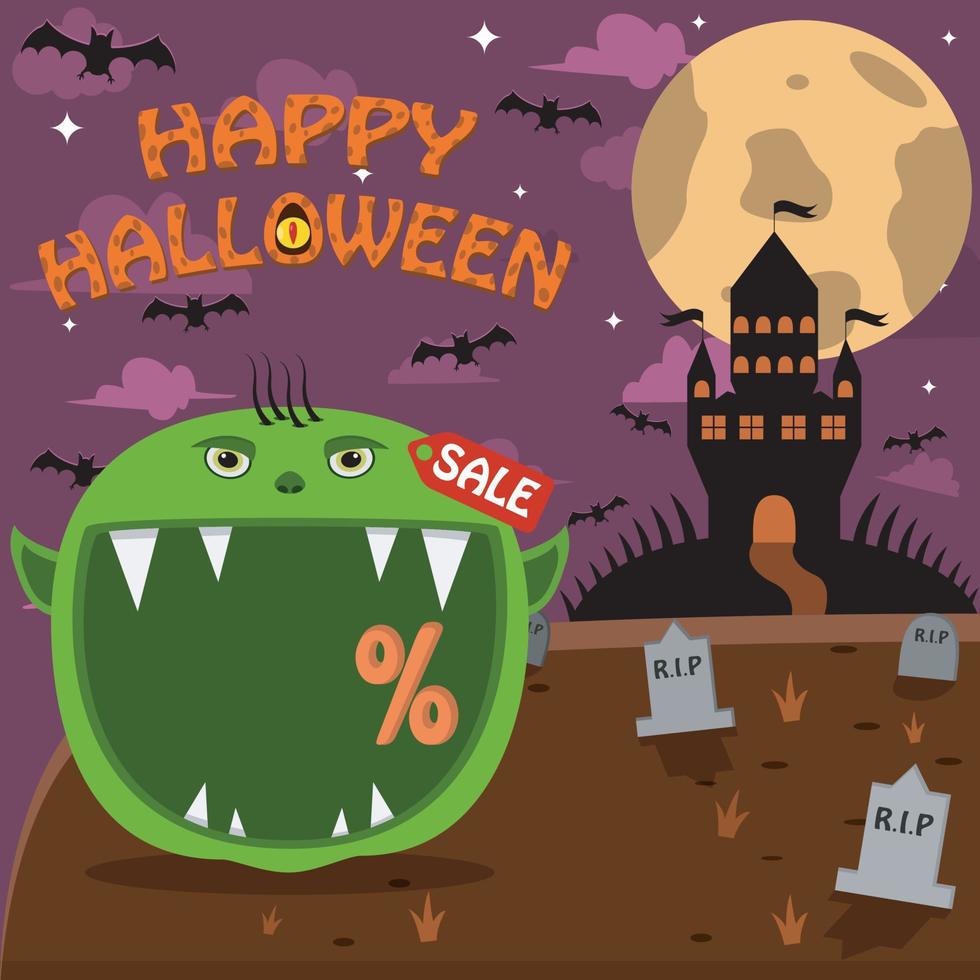 halloween karakter hoofd met kobold hoofd op kerkhof en paleis. procent, verkoop en donkere achtergrond vector