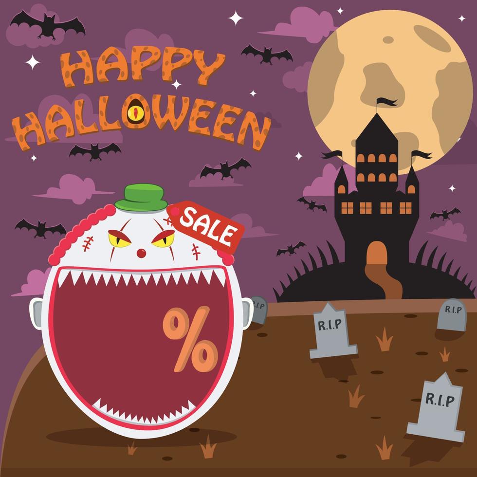 Halloween-karakterhoofd met griezelig clownhoofd op kerkhof en paleis. procent, verkoop en donkere achtergrond vector