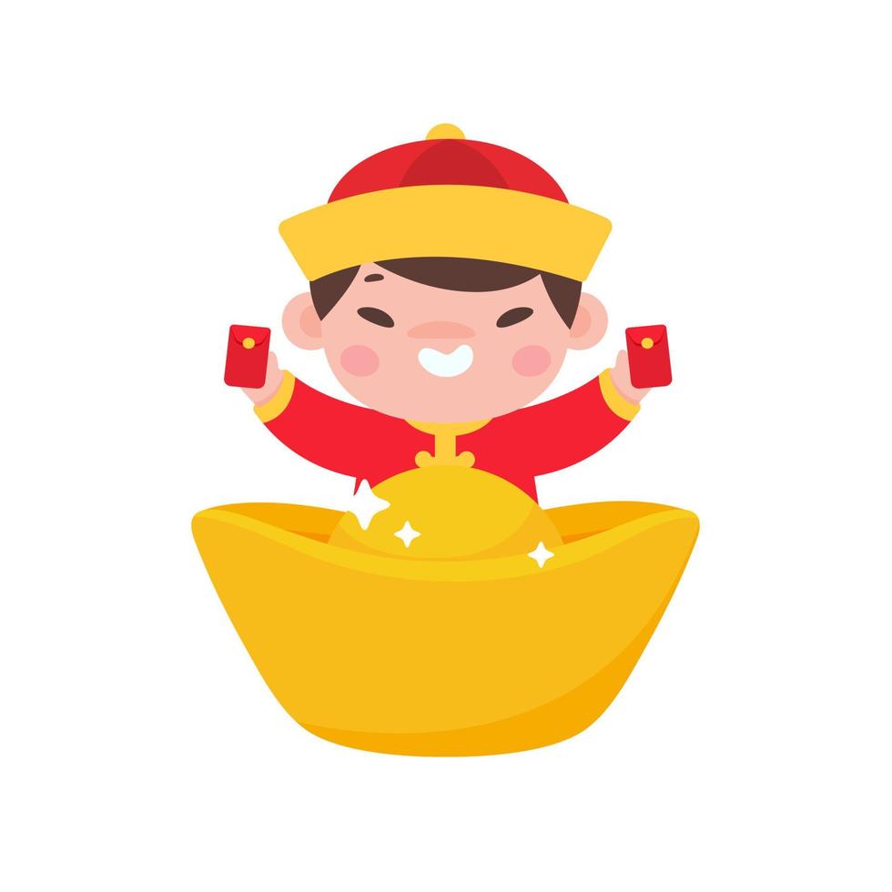 Chinese kinderen dragen rode klederdracht met gouden yuan. vector