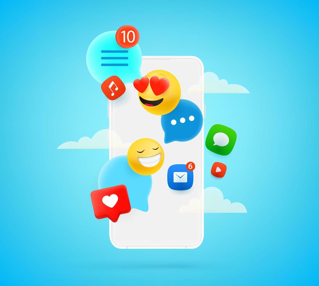 sociale media communicatie via smartphone. vectorconcept met tekstballonnen en emoticons vector