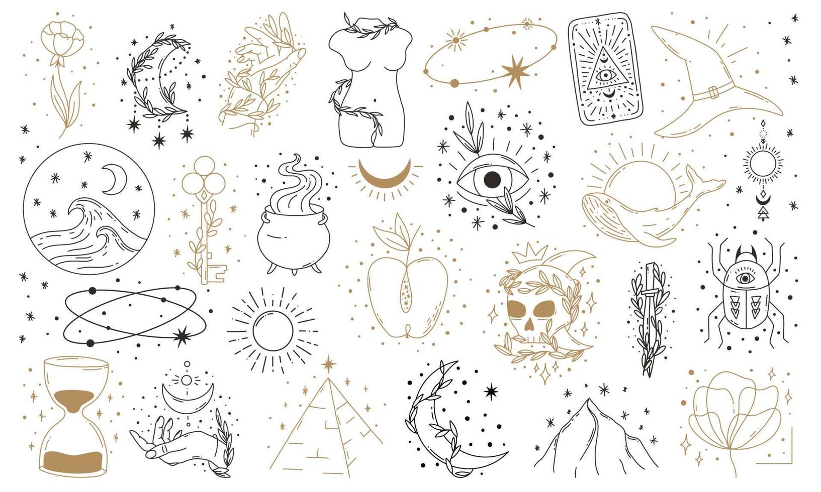 boho mystieke doodle esoterische set. magische lijnkunstposter met tarotkaart, heksenhoed, ketel vector