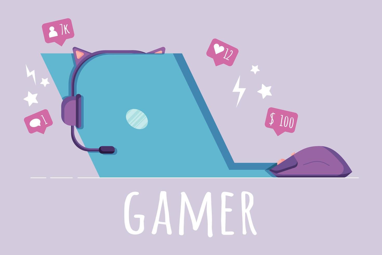 gamer werkplek concept illustratie, laptop, koptelefoon, muisklik in een vlakke stijl, geïsoleerd op een paarse achtergrond. vector