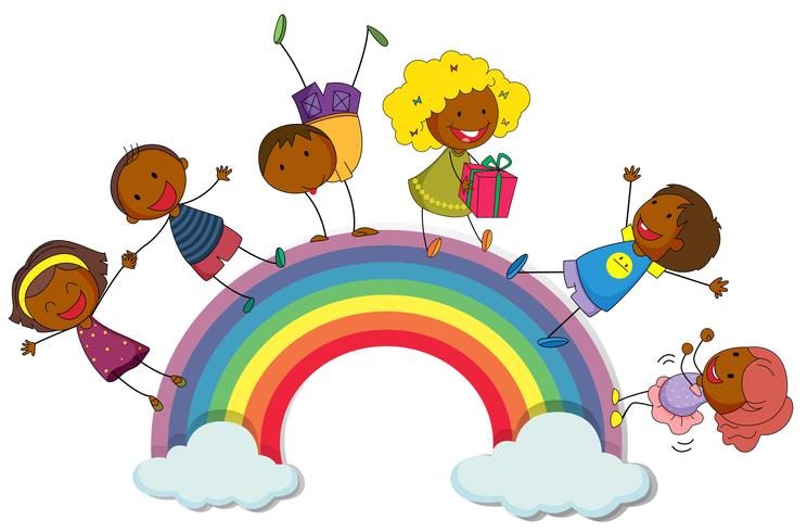 Gelukkige kinderen die zich op regenboog bevinden vector