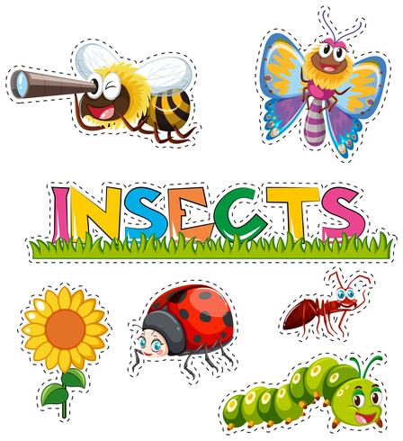 Veel insecten in stickerontwerp vector