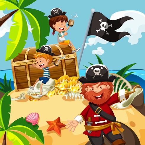 Piraat en kinderen met schatkist op eiland vector