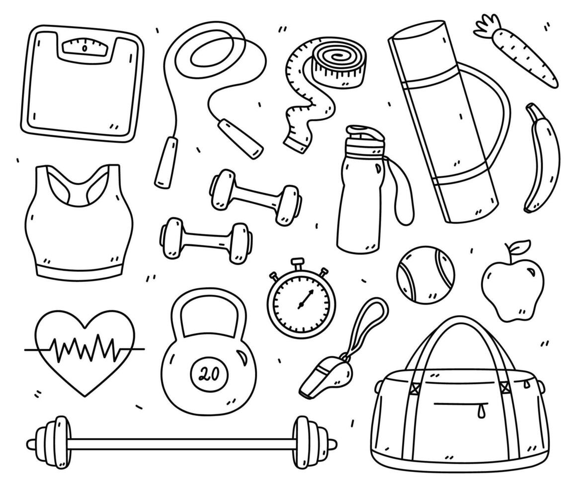 reeks van geschiktheid doodles - halters, Kettlebell, halter, springen touw, yoga mat, stopwatch, meten plakband. sport- apparatuur. hand getekend illustratie geïsoleerd Aan wit achtergrond. gezond levensstijl vector