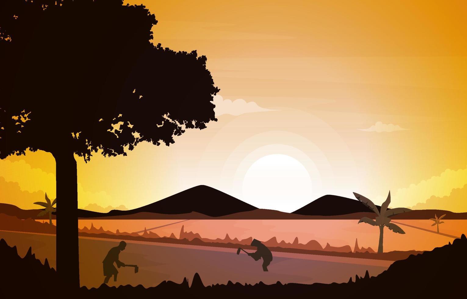 zonsopgang aziatische boer padie rijstveld landbouw natuur illustratie vector