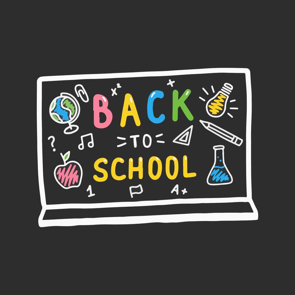 kleurrijk terug naar school- schoolbord illustratie met leerzaam pictogrammen en symbolen vector